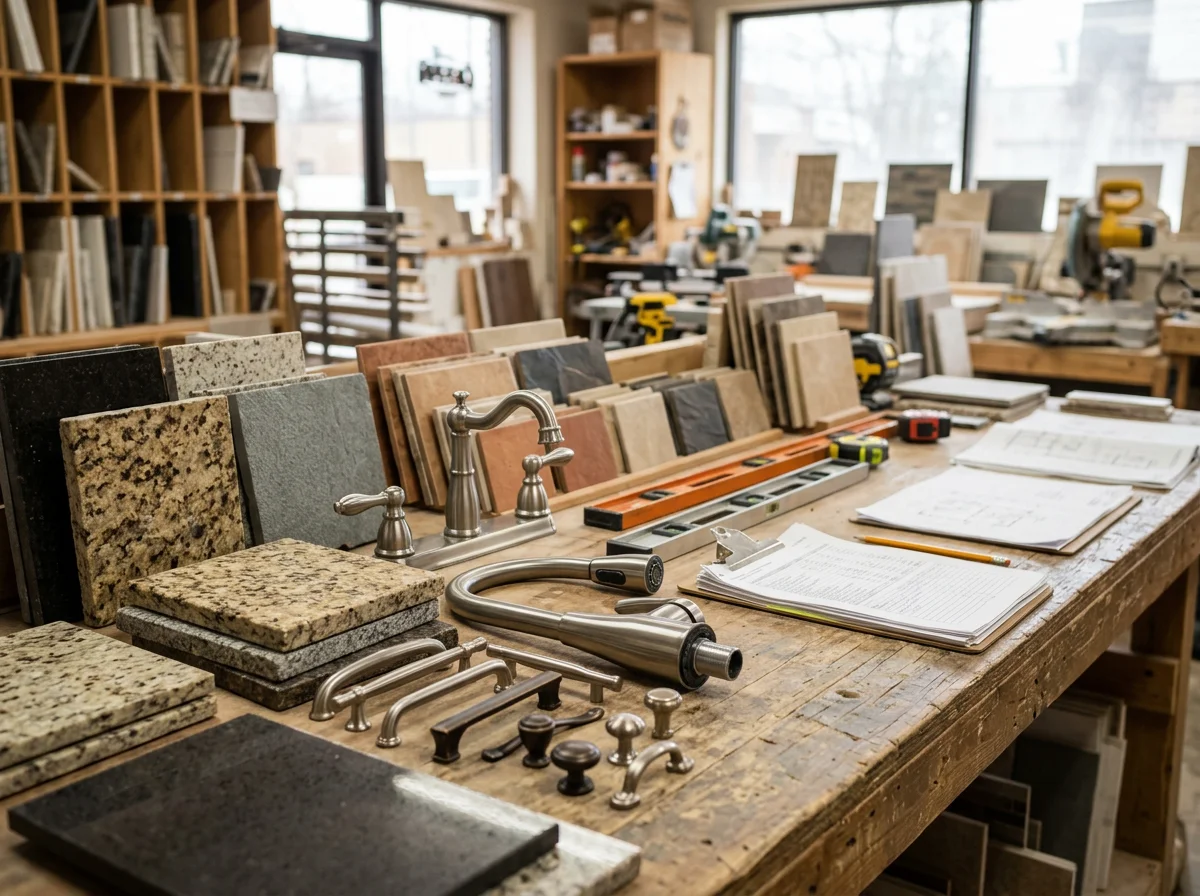 Home improvement tools and materials organized on a work surface, representing the range of renovation services offered.