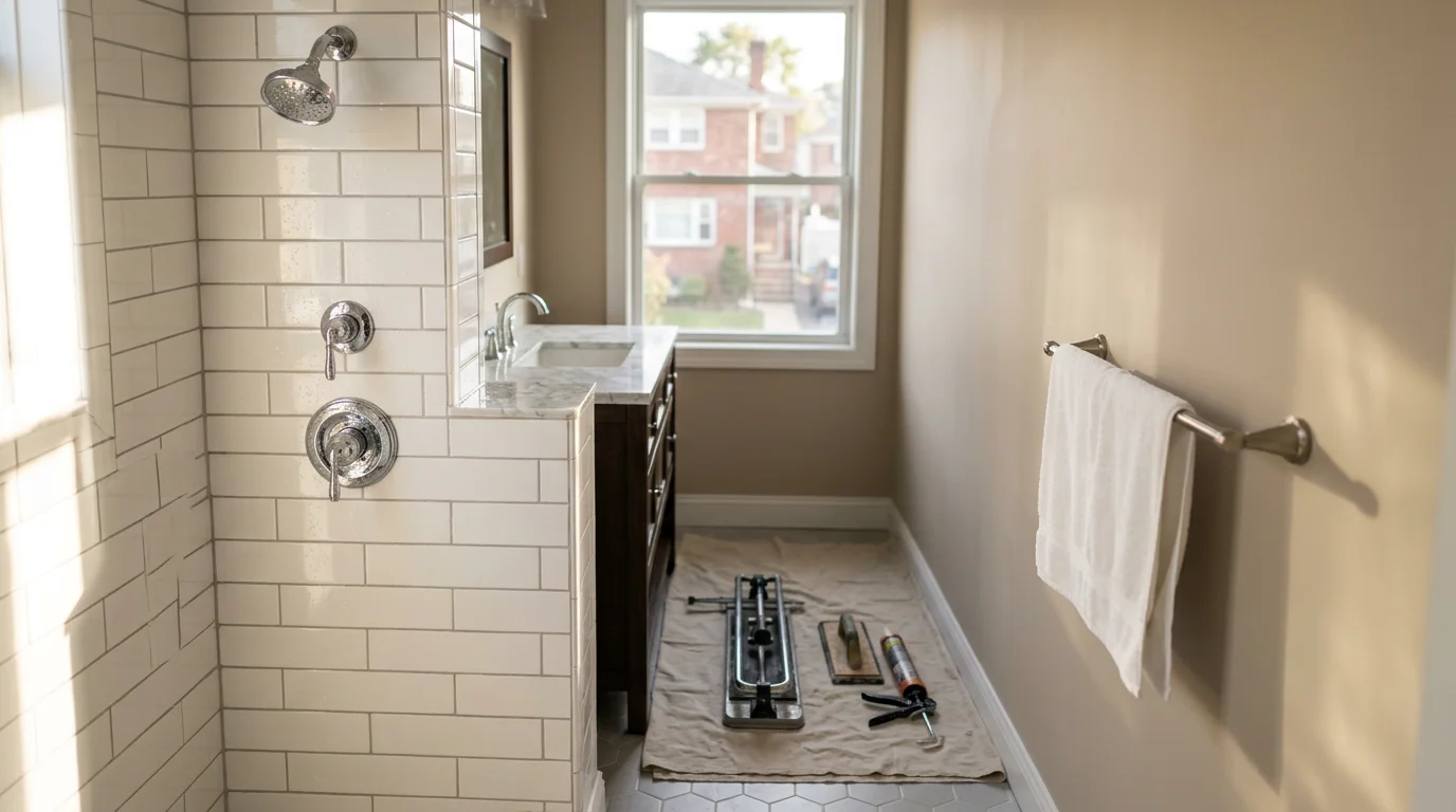 Renovated bathroom with new tile and fixtures