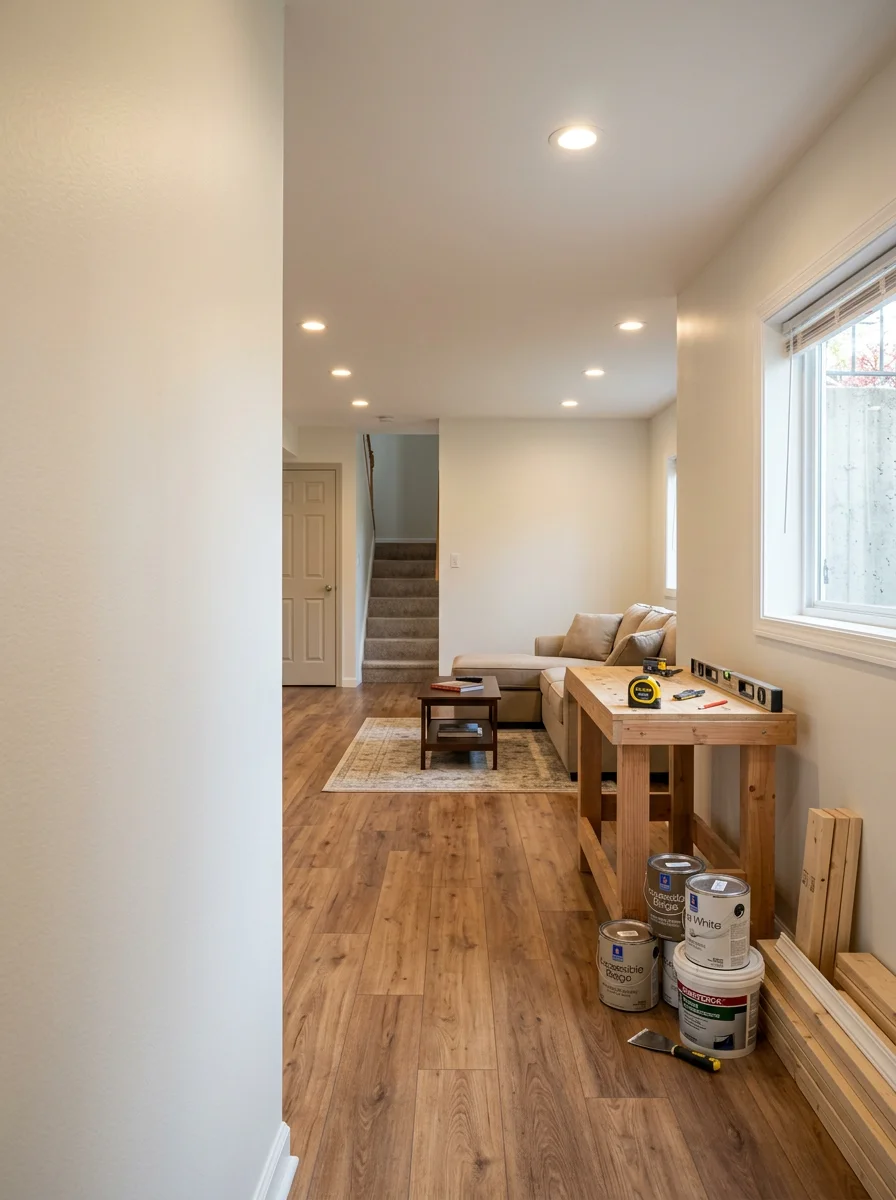 A finished basement conversion in a Mid-Island Staten Island split-level home, with new flooring, recessed lighting, and framed walls creating a usable family room from an unfinished space.