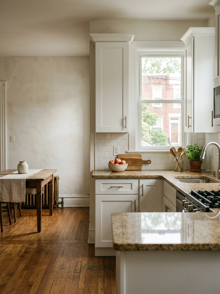 A renovated kitchen inside an early 20th-century row home in a New Jersey waterfront community near Staten Island, with new cabinetry and countertops replacing the original closed-off galley layout.