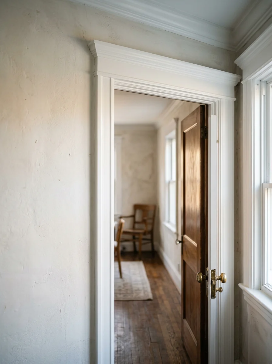 Interior molding and door trim work inside a North Shore Staten Island home built in the early 20th century, showing freshly installed casing that matches the original profile throughout the room.