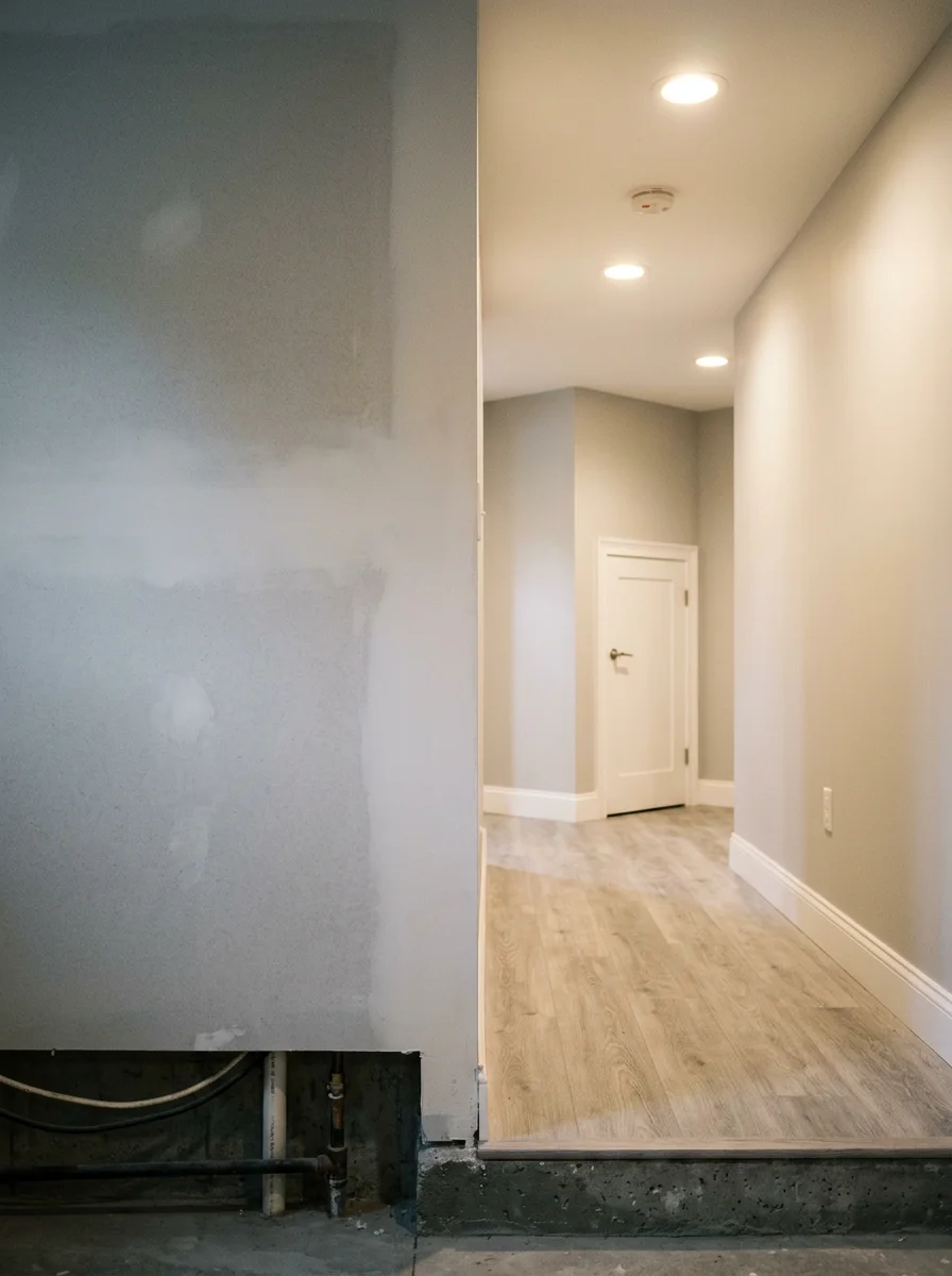 A finished basement renovation in a South Shore Staten Island home, showing new flooring, recessed lighting, and framed walls converted from an unfinished post-Sandy rebuild.