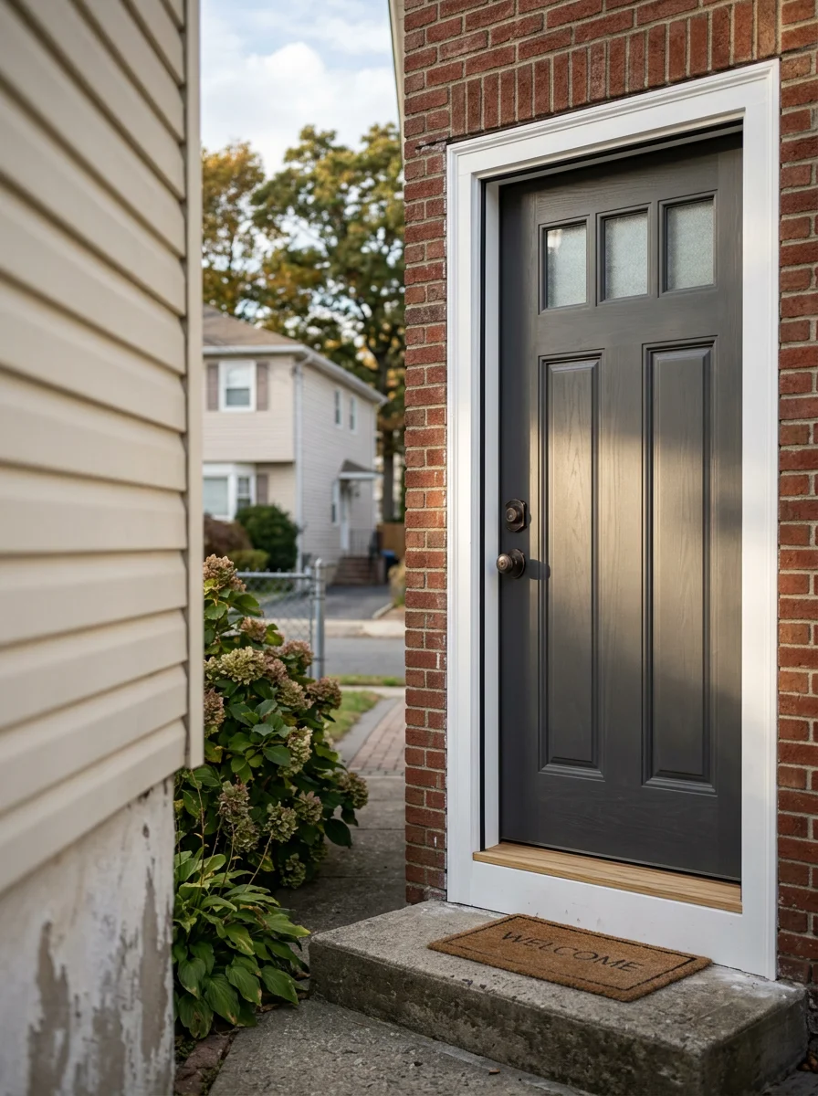 A finished exterior front door installation on a Staten Island detached home, showing a solid replacement door with updated hardware suited to the borough's coastal air exposure.