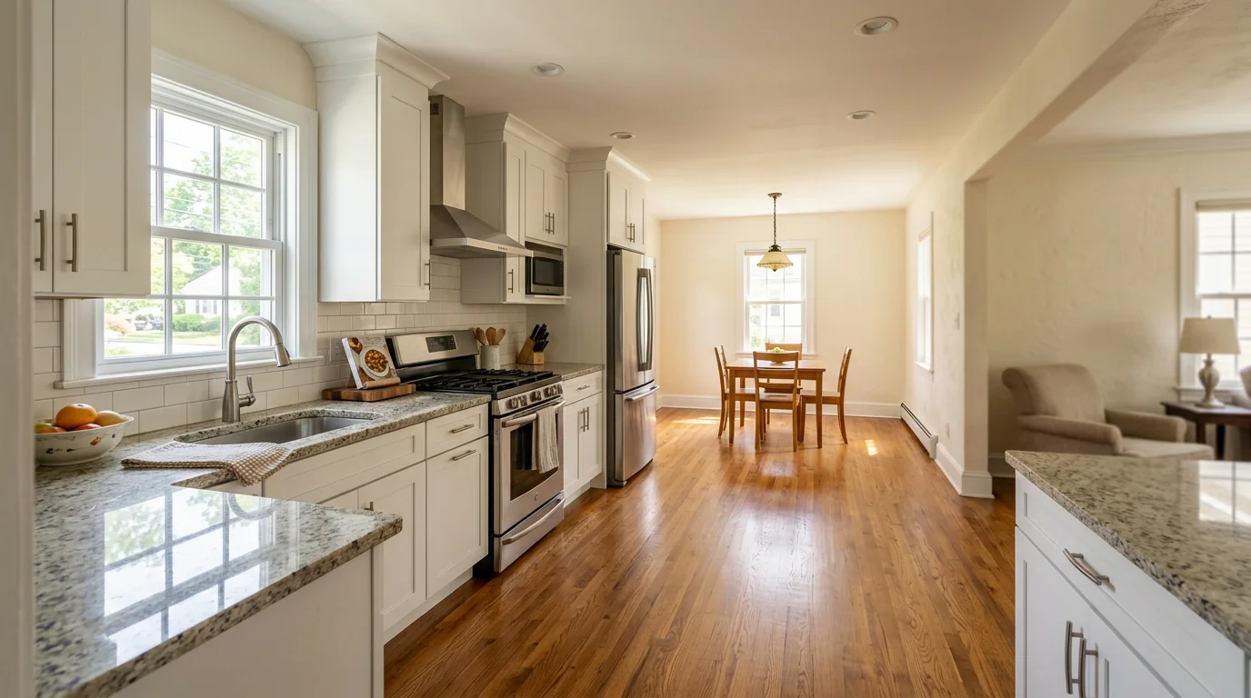 A newly renovated kitchen inside a single-family home on Staten Island, NY, featuring updated cabinetry, new countertops, and a clean open layout replacing an original postwar design.