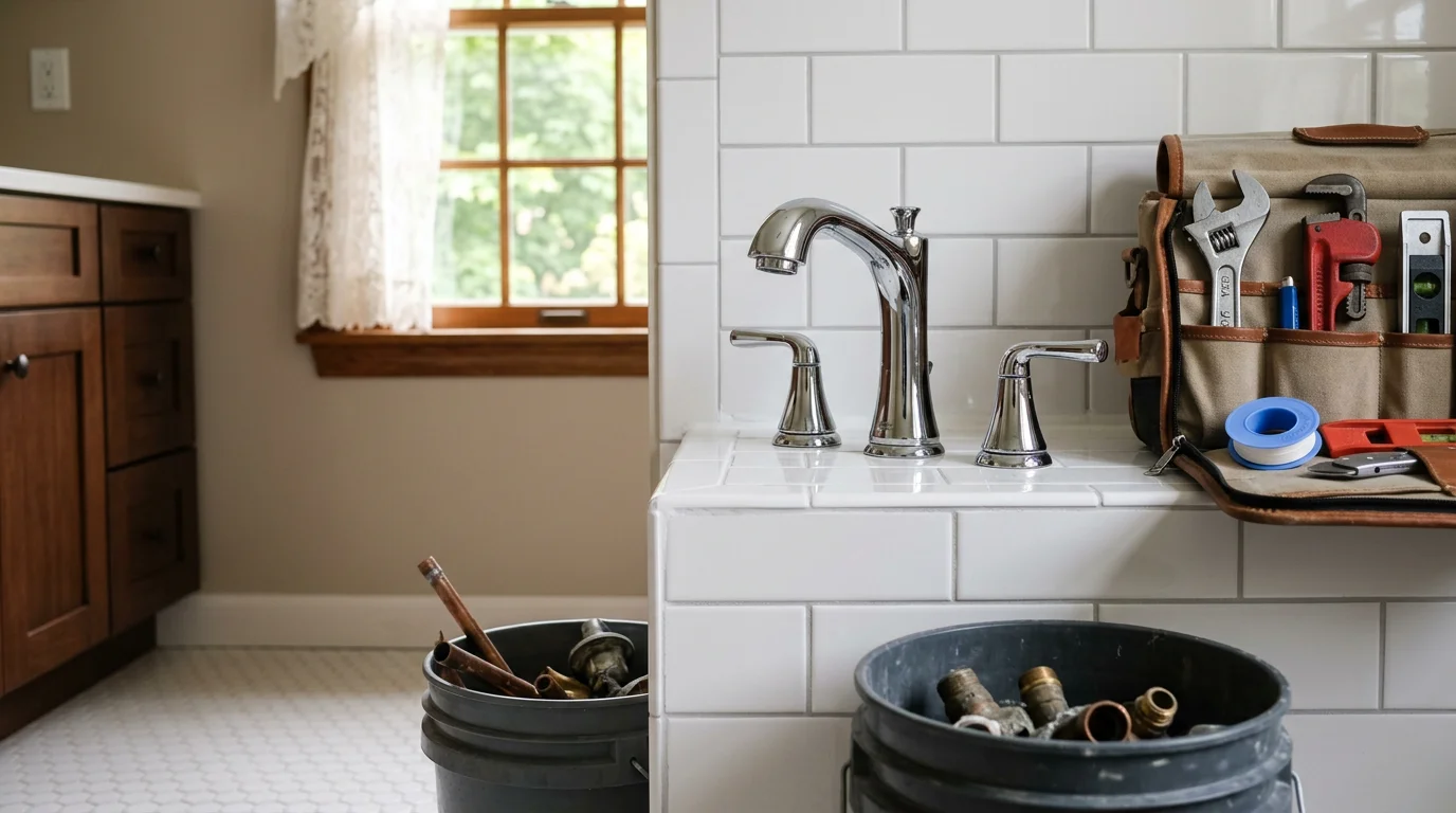 A newly installed bathroom vanity, faucet, and toilet in a Staten Island home, showing clean plumbing connections and finished hardware against freshly painted walls.