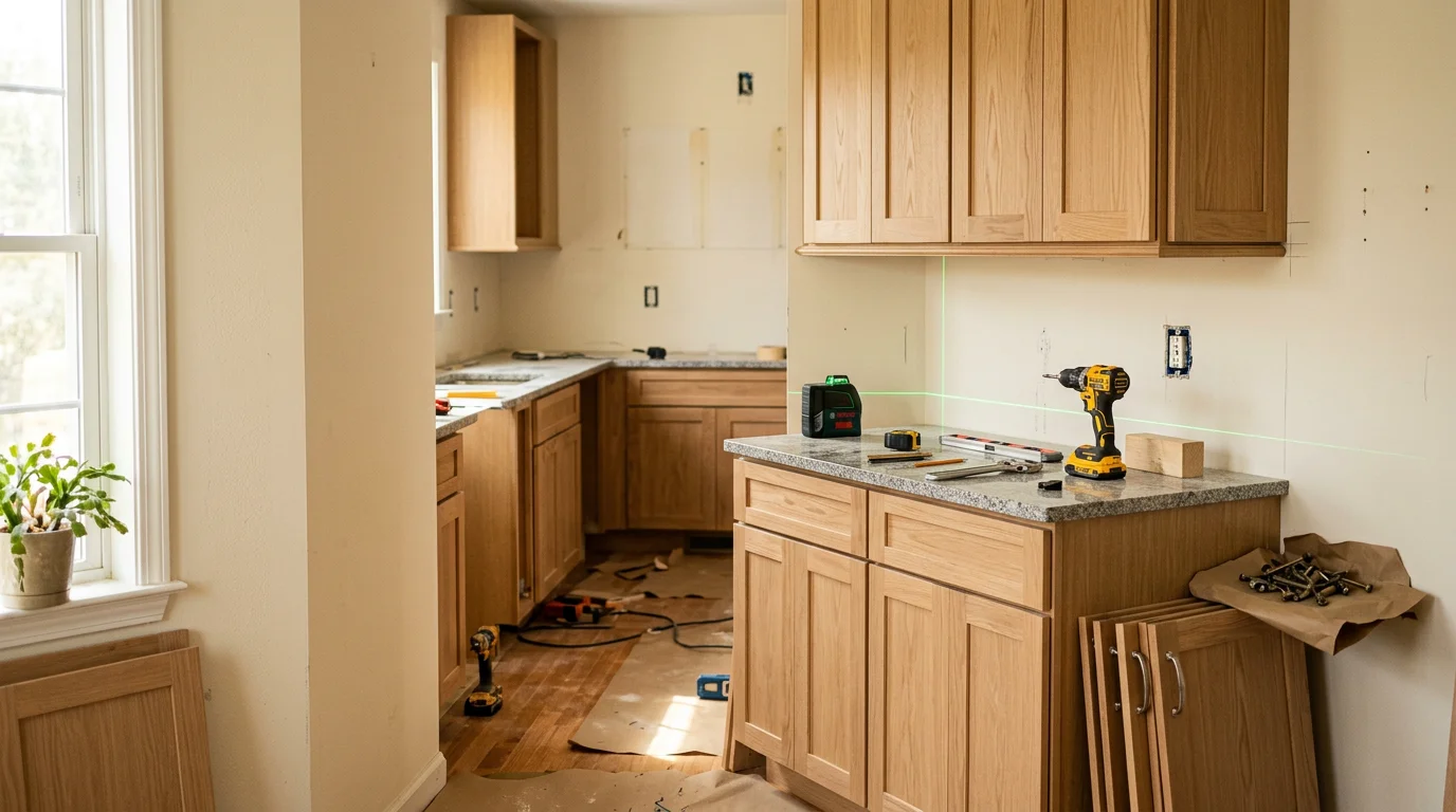 Newly installed custom kitchen cabinets in a Staten Island home, showing floor-to-ceiling upper and lower units with aligned doors and consistent hardware finish. The layout fits the full width of the kitchen wall with no gaps or filler panels.