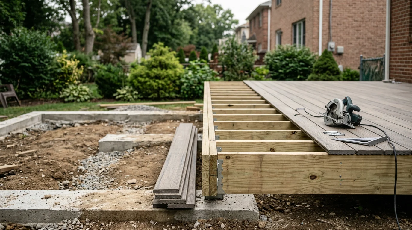 A newly constructed wood deck attached to the rear of a Staten Island residential home, showing finished decking boards, structural framing, and a clean backyard setting.