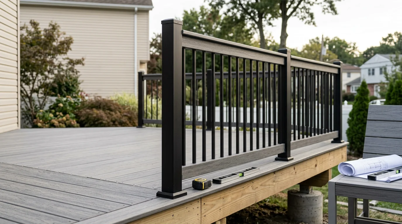 Newly installed deck railing on a residential home in Staten Island, showing secure post attachment, evenly spaced balusters, and a clean stair rail transition. The railing runs the full perimeter of an elevated backyard deck.