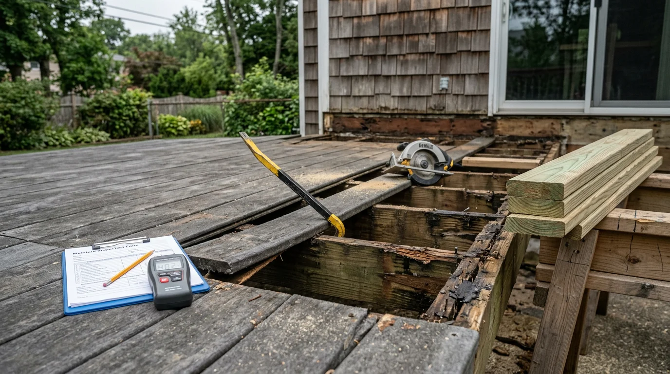 A repaired residential deck in Staten Island with replaced decking boards and secured framing, showing restored structural condition on a single-family home backyard. Close-up view highlights new boards set flush alongside existing weathered wood.