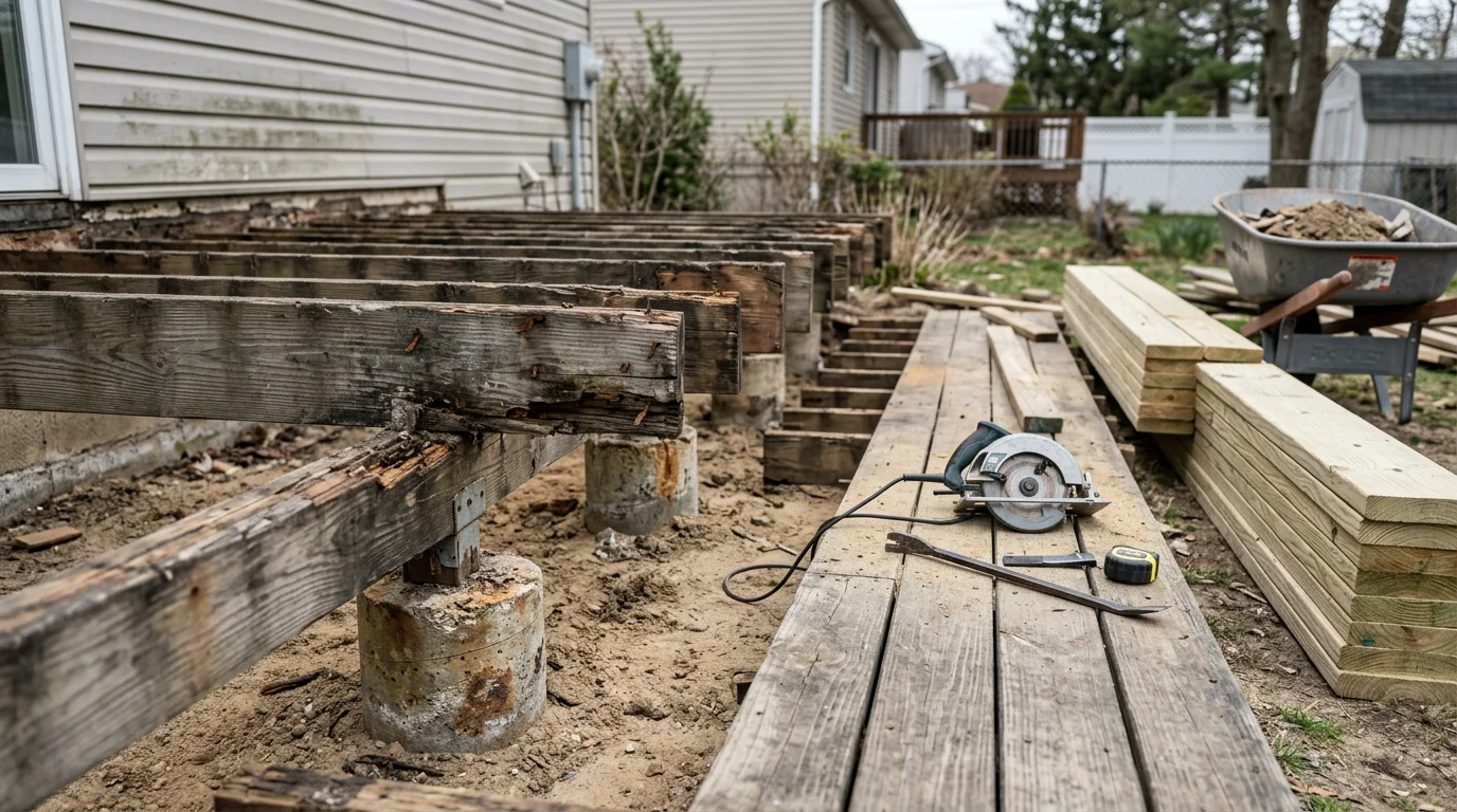 A newly replaced deck on a Staten Island home, showing fresh decking boards and solid framing installed by Hughes Home Improvements. The old rotted structure has been fully removed and rebuilt from the footings up.