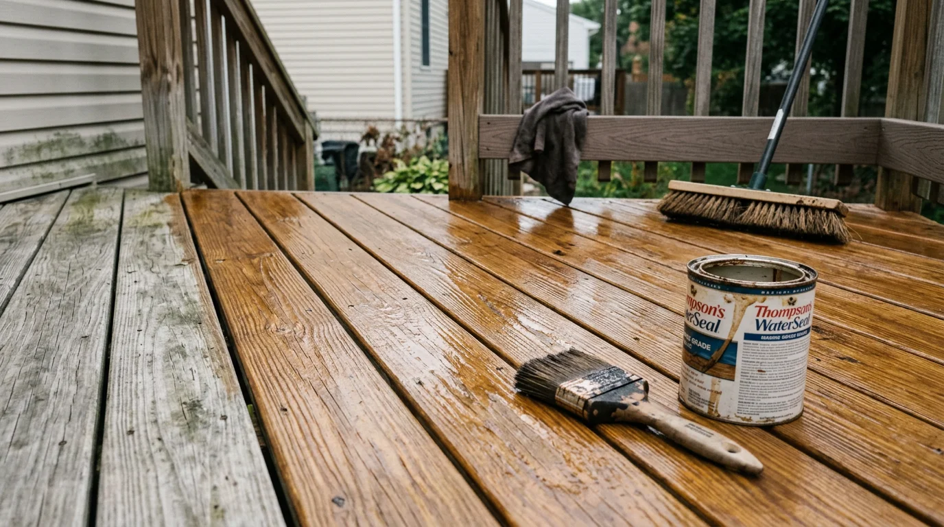 A freshly stained and sealed wood deck on a Staten Island home, showing even color and a clean surface after professional treatment. The deck boards show restored tone with no gray weathering or peeling.