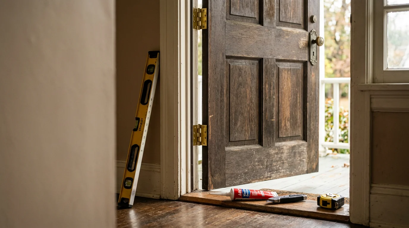 A residential entry door in Staten Island being inspected and repaired by a Hughes Home Improvements technician, with visible hinge and frame work in progress. The home exterior shows a typical single-family property found throughout the borough.