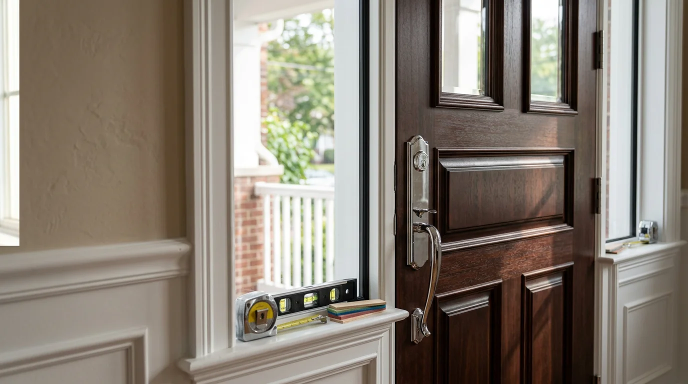 A newly replaced exterior door installed on a single-family home in Staten Island, showing a clean frame fit and fresh trim. The door sits flush with no visible gaps along the weatherseal.