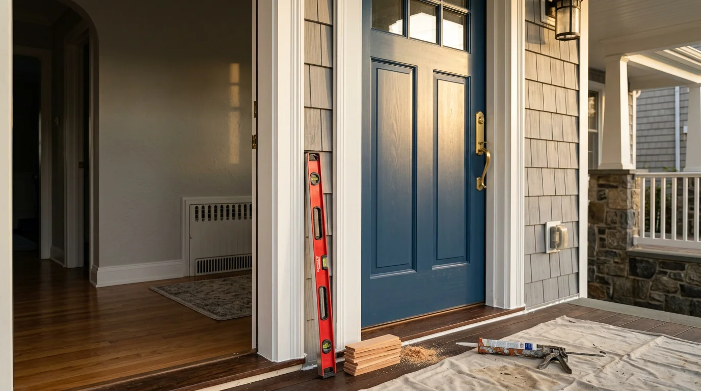 A newly installed exterior front door on a residential home in Staten Island, showing a clean frame fit, fresh exterior trim, and a closed, properly aligned door. The entryway reflects a finished professional installation on a typical Staten Island single-family home.