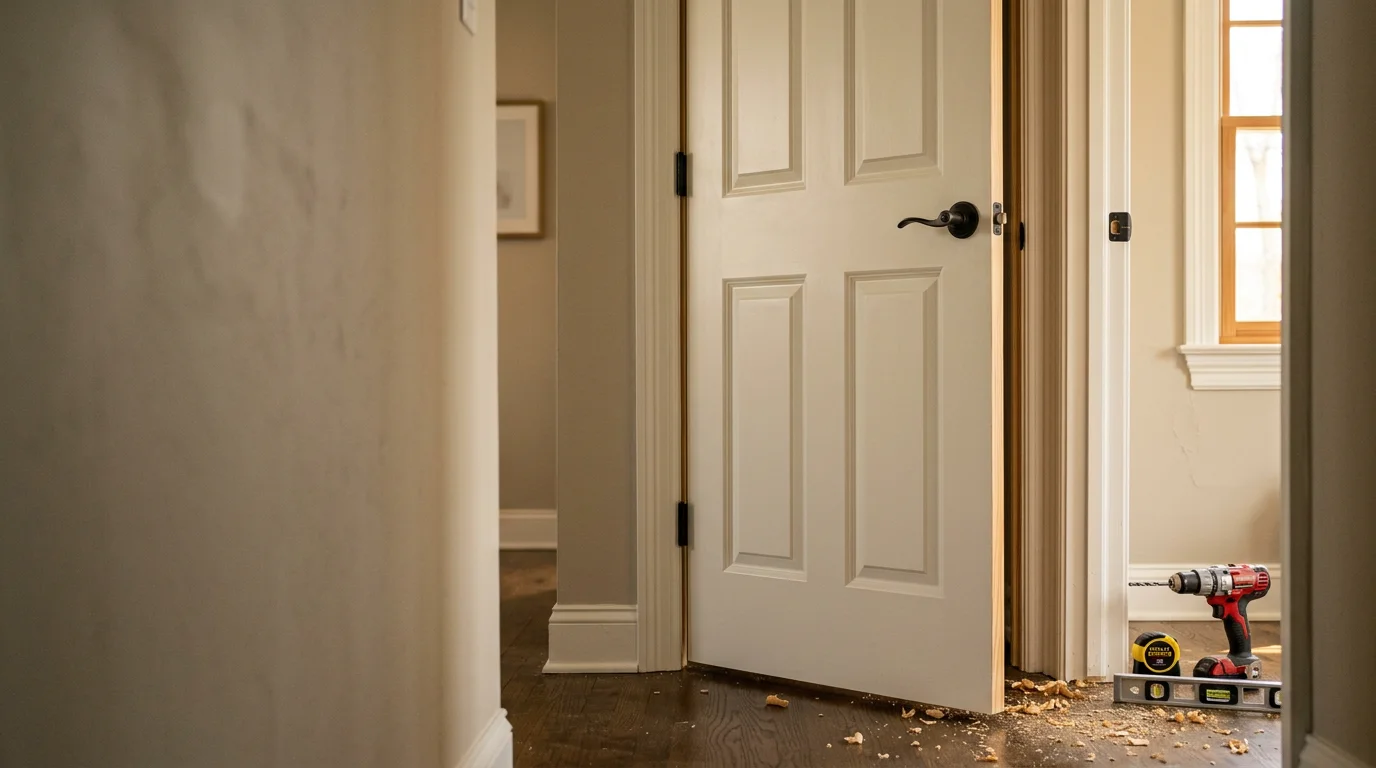 A freshly installed interior panel door in a Staten Island home, shown from the hallway with clean trim and a properly aligned latch. The door fits flush within a painted wood frame in a residential colonial-style layout.