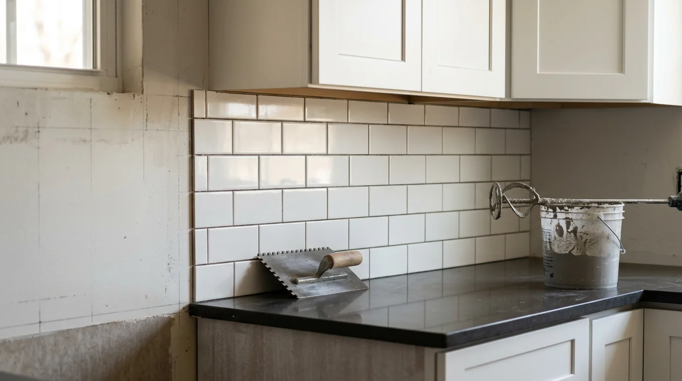 Freshly installed tile kitchen backsplash in a Staten Island home, showing even grout lines and clean edges between the countertop and upper cabinets. Hughes Home Improvements completed the installation as part of a kitchen update for a local homeowner.