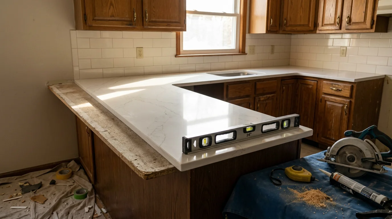 Newly installed kitchen countertop with a clean edge and fitted sink cutout in a Staten Island home. A Hughes Home Improvements kitchen countertop installation showing tight seams and a finished surface ready for daily use.