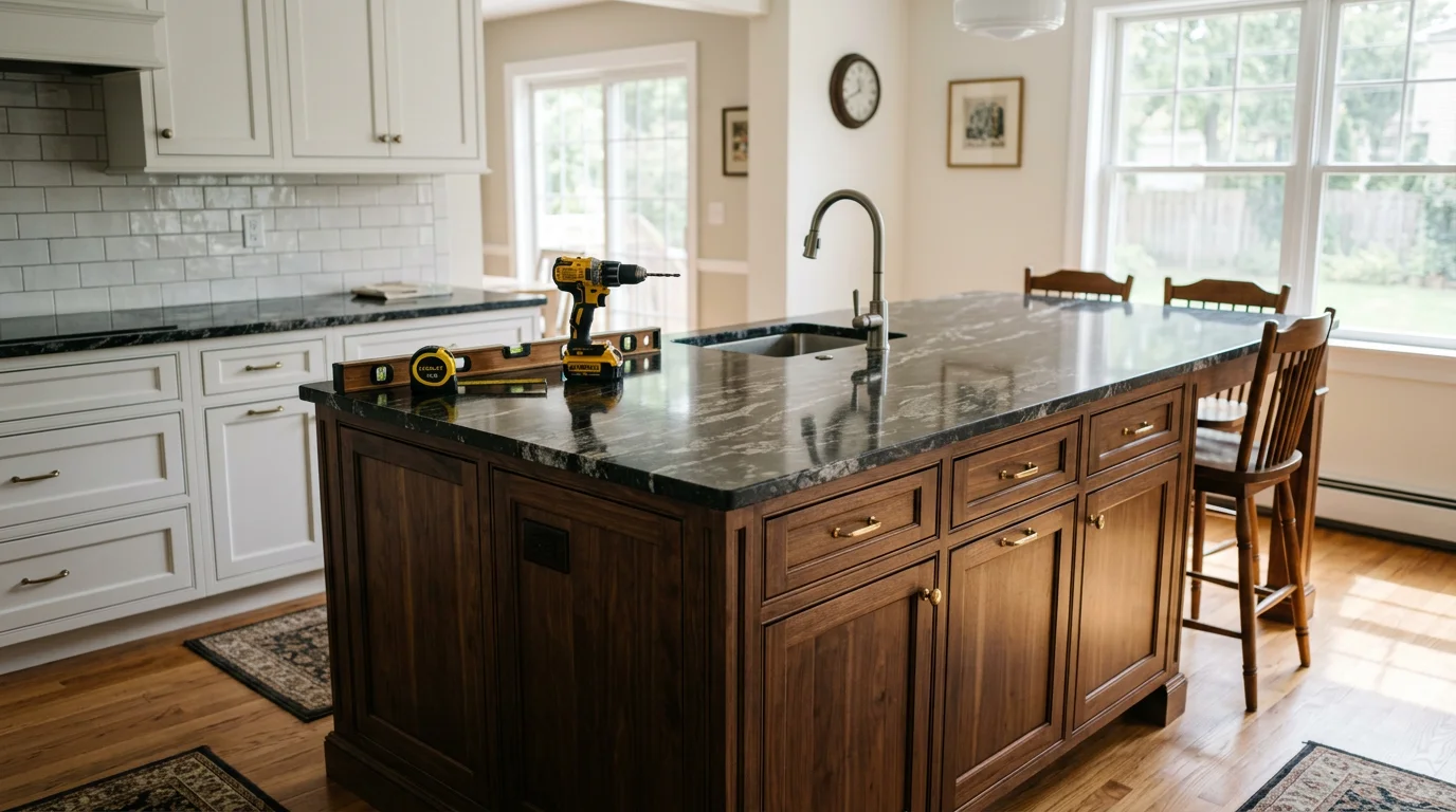 A newly installed custom kitchen island with base cabinets and a stone countertop in a Staten Island single-family home kitchen. The island includes seating on one side and open clearance on all sides for easy movement.