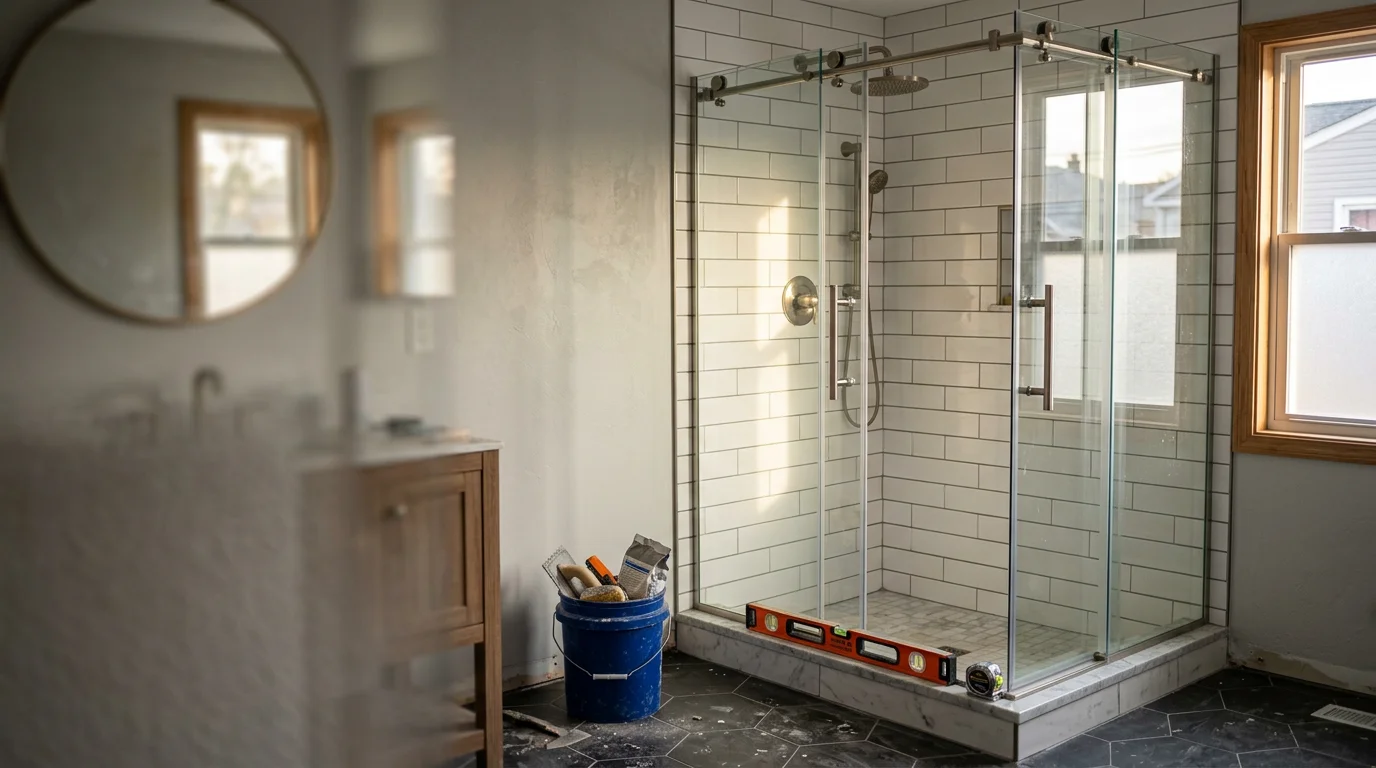 A newly installed walk-in shower in a Staten Island home bathroom, featuring a low-threshold entry and tiled walls. The space shows a clean, open shower area replacing a former bathtub enclosure.